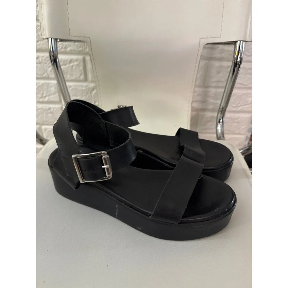 Steve Madden Black Leather Platform Sandals Made in Italy Ankle Strap Womens 10